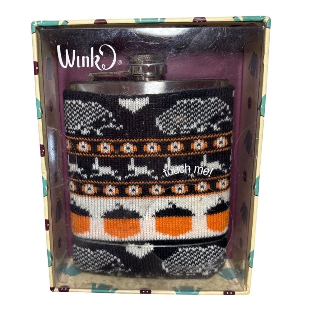 Wink Hip Flask With Knitted Acorn Autumn Design 7 Fl Oz Stainless Steel
